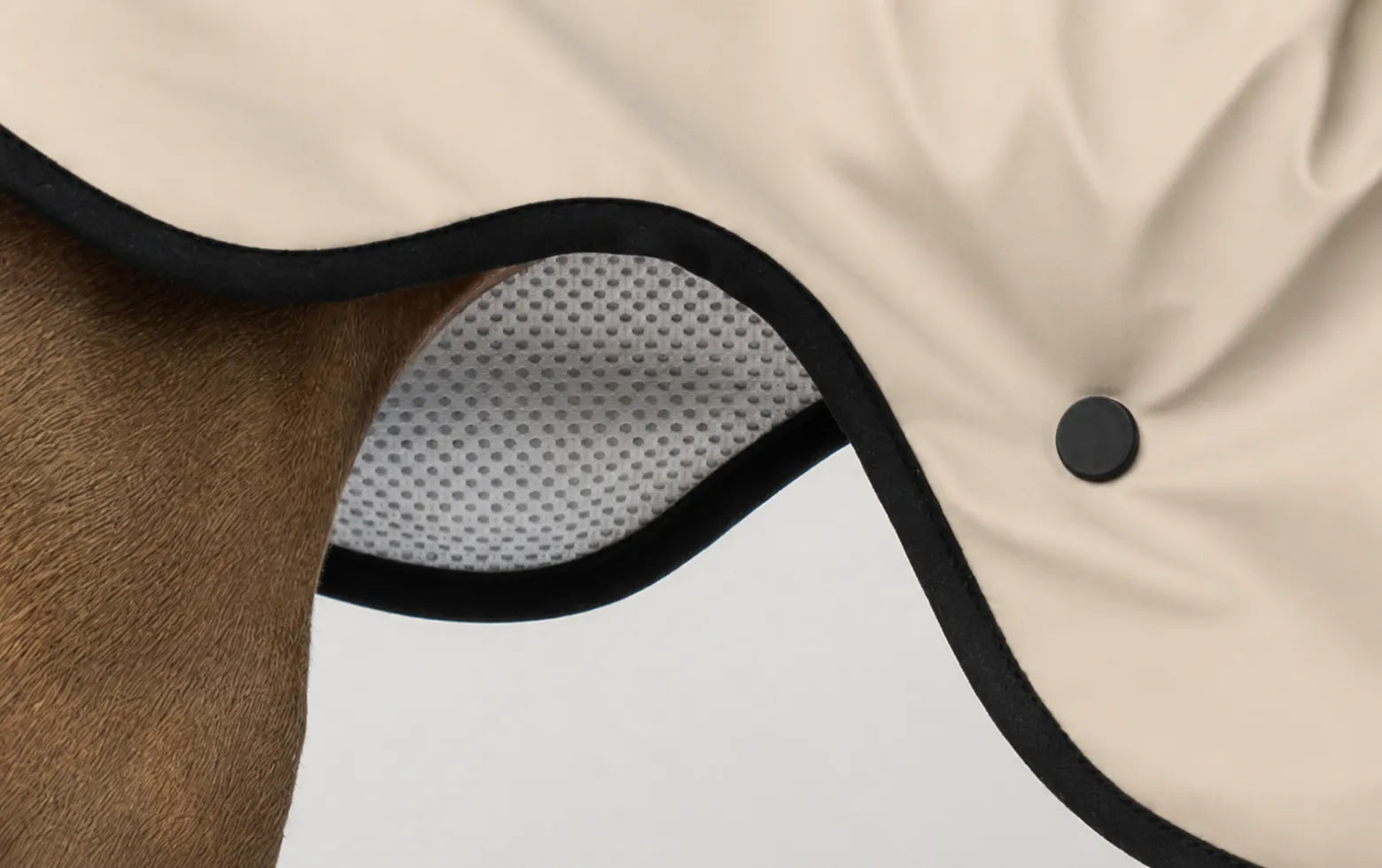 A closeup photo of a mesh lining on a Italian Greyhound and Whippet raincoat by Strela Studio